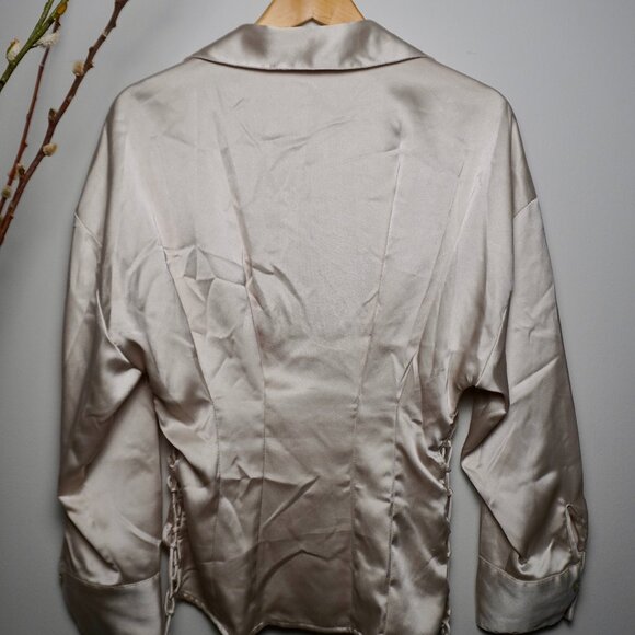 Zara Cream Satin Blouse | Button-Up Long Sleeve Shirt - Picture 3 of 5